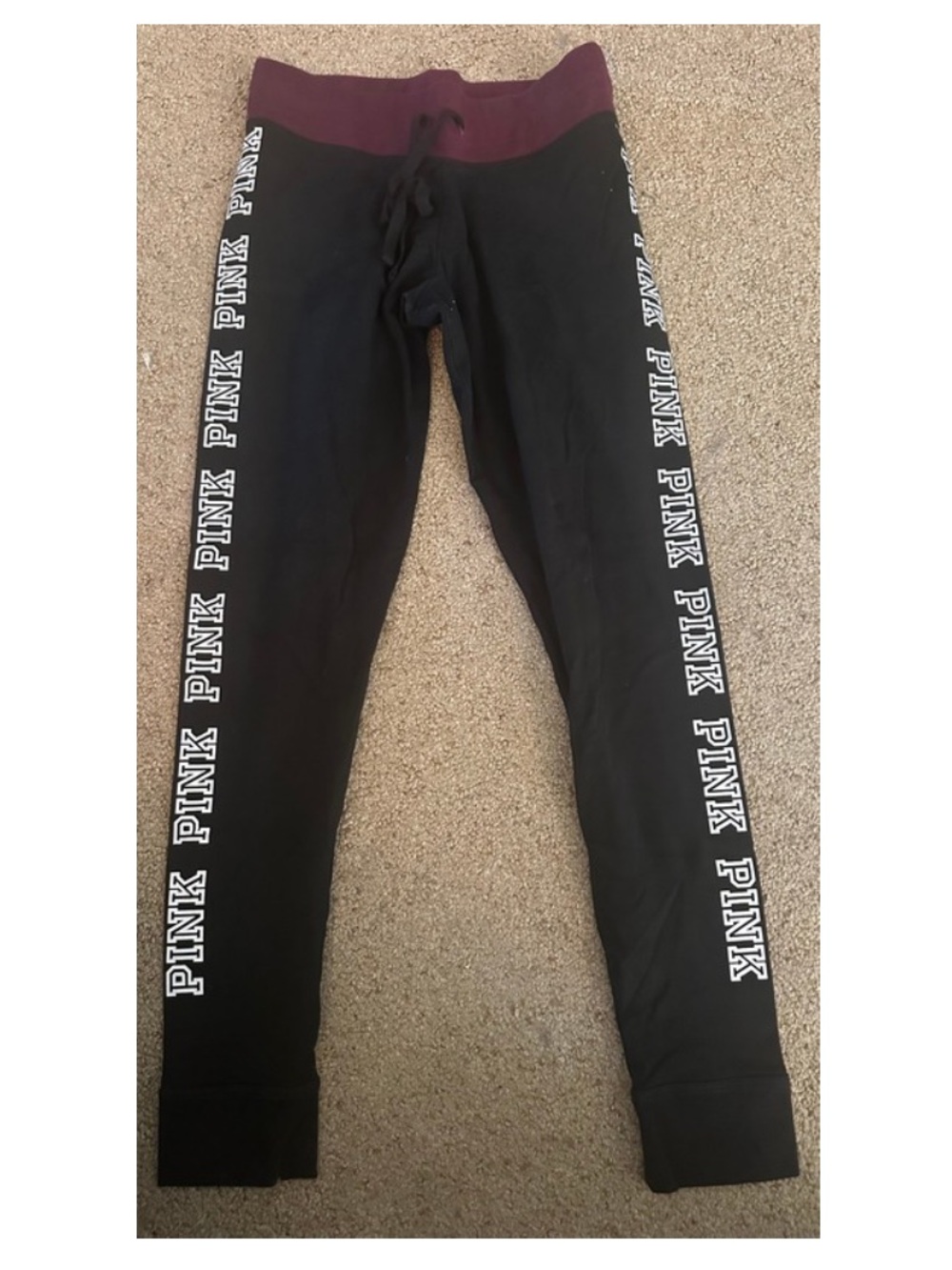 Victoria's Secret PINK Black Jogger Leggings Pants with Maroon Waistband